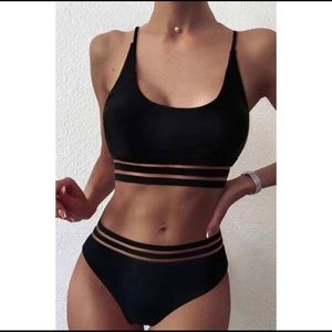 Women Sheer Mesh Stripes Two Pieces Bikini